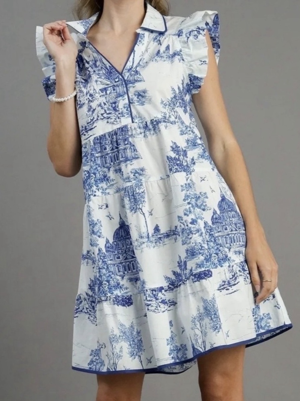 Umgee Toile De Jouy
Tiered Babydoll Mini Dress
Ruffle Sleeve- Sz Medium